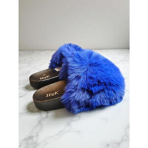 H2K Women's Size 7 Blue Fluffy Slide Slippers Soft Faux Fur Comfort